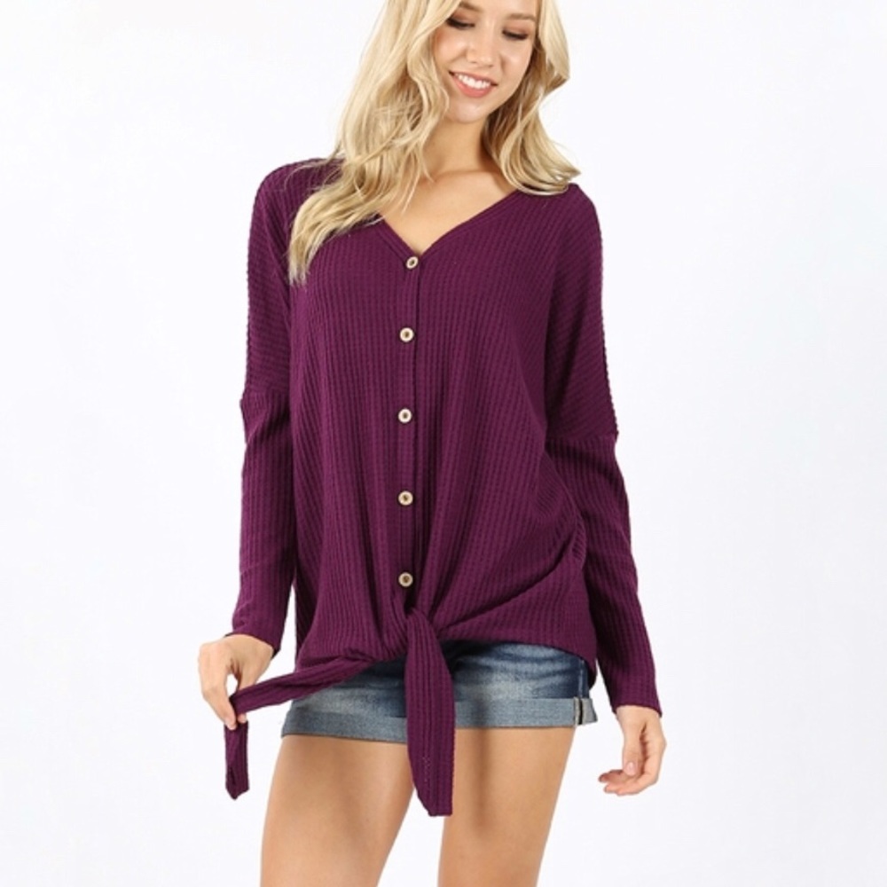 Waffle Knit Knot Front Sweater -Hunter Green 23003 - Picture 6 of 8